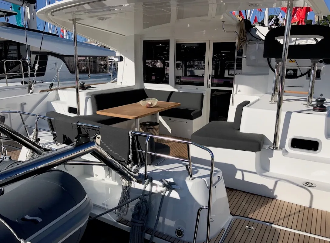 Deck of Saudade, a Lagoon 40 catamaran at Olbia, Italy