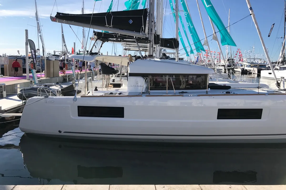 Exterior view of Saudade, a Lagoon 40 catamaran at Olbia, Italy