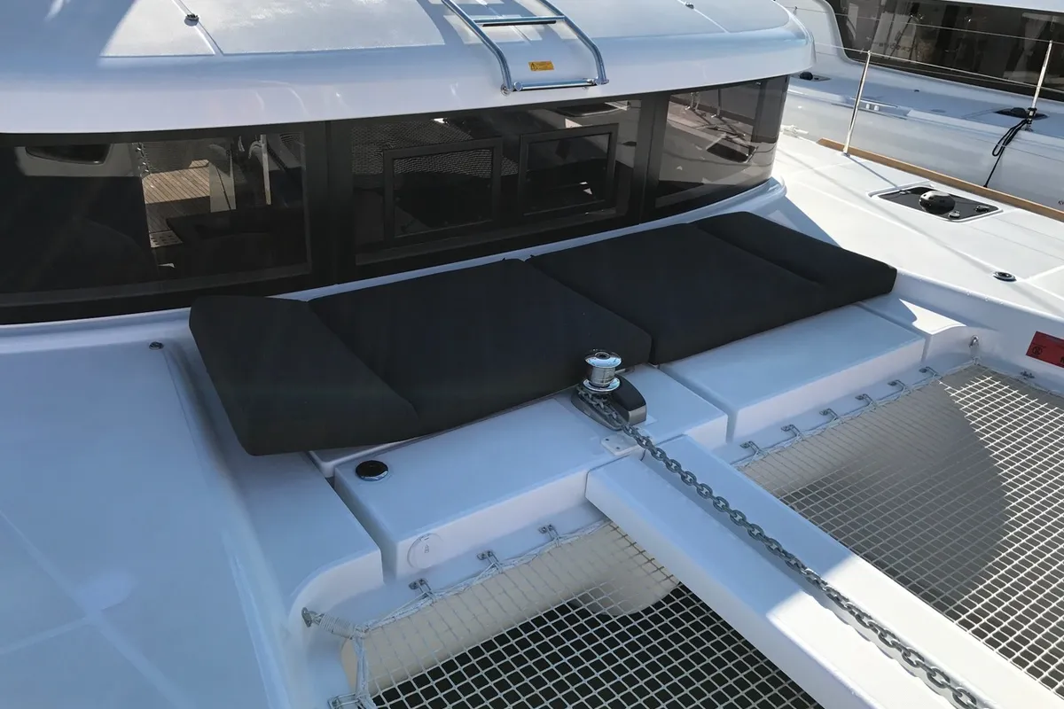 Deck of Saudade, a Lagoon 40 catamaran at Olbia, Italy