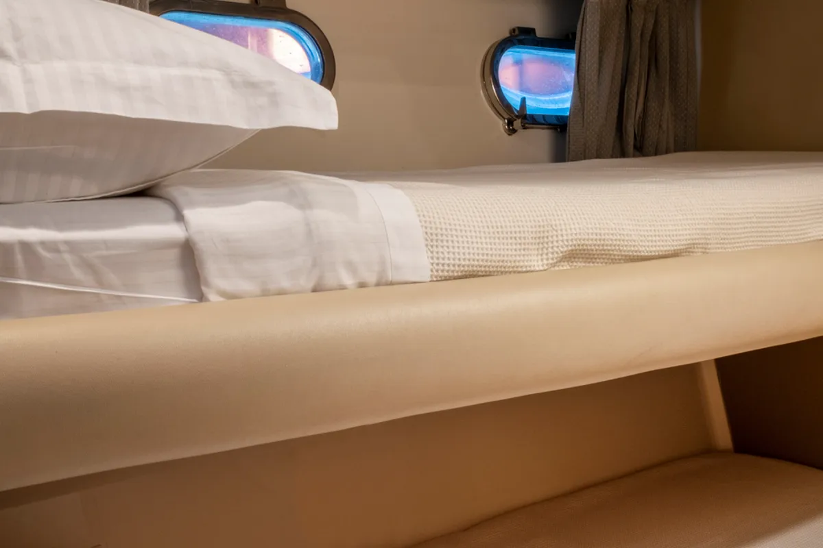 Cabin on Arabella, a Ferretti 480 motorboat at Parikia, Greece