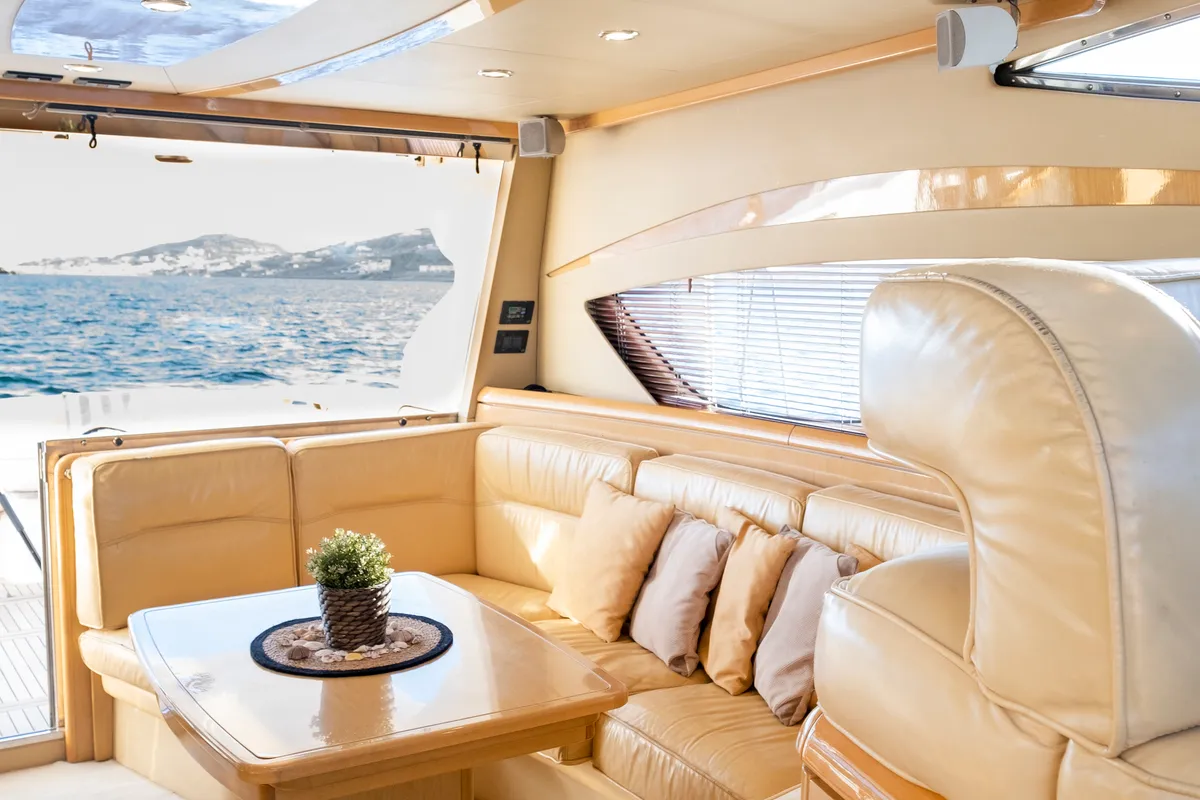 Salon of Arabella, a Ferretti 480 motorboat at Parikia, Greece