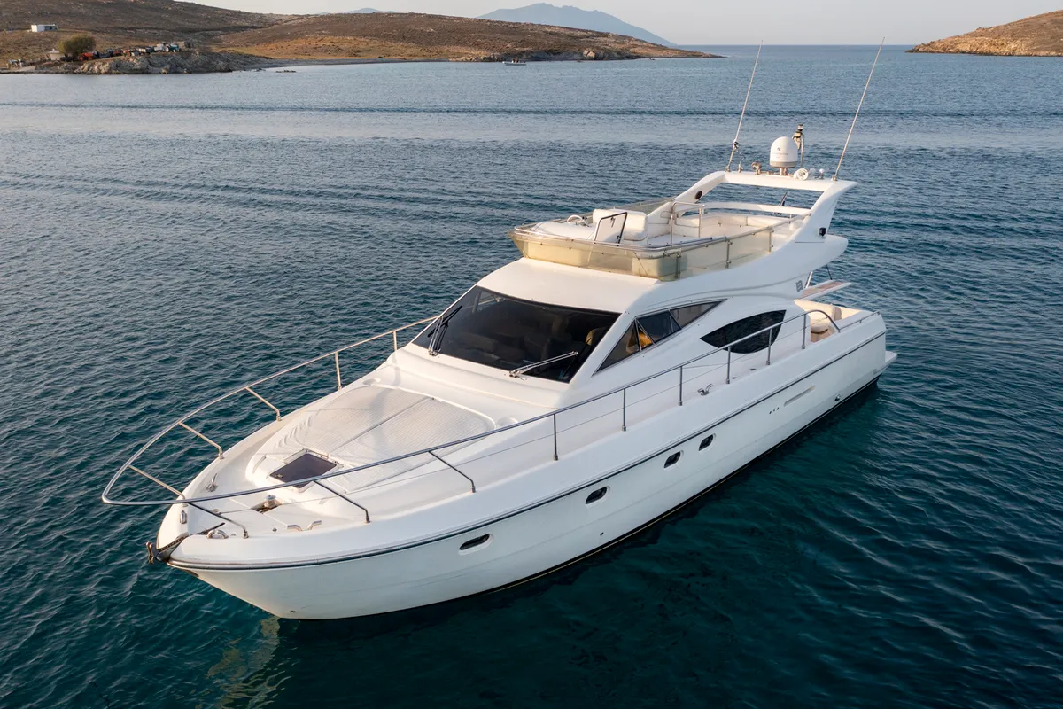 Exterior view of Arabella, a Ferretti 480 motorboat at Parikia, Greece