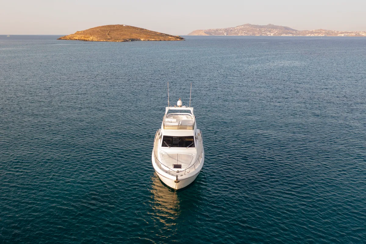 Exterior view of Arabella, a Ferretti 480 motorboat at Parikia, Greece