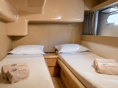 Cabin on Arabella, a Ferretti 480 motorboat at Parikia, Greece