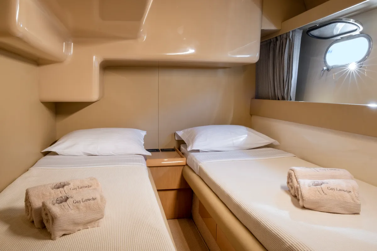 Cabin on Arabella, a Ferretti 480 motorboat at Parikia, Greece