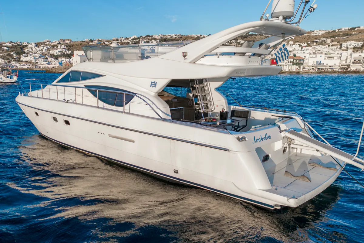 Exterior view of Arabella, a Ferretti 480 motorboat at Parikia, Greece
