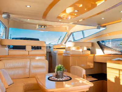 Salon of Arabella, a Ferretti 480 motorboat at Parikia, Greece