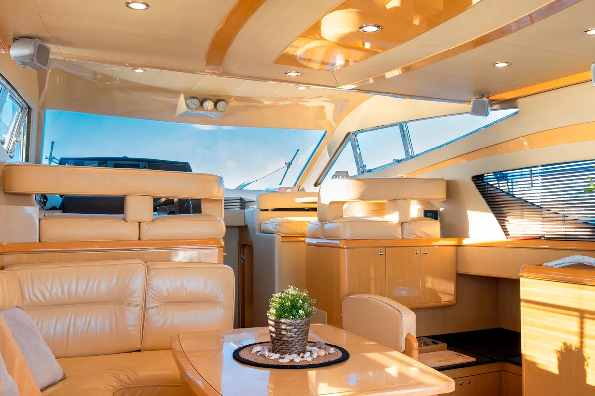 Salon of Arabella, a Ferretti 480 motorboat at Parikia, Greece