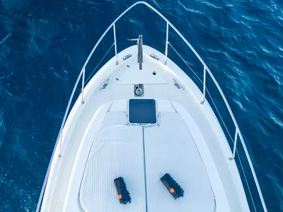 Deck of Arabella, a Ferretti 480 motorboat at Parikia, Greece