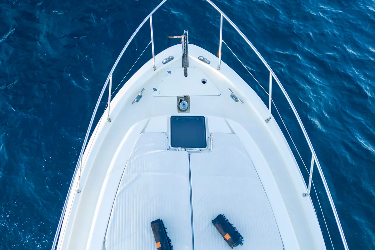 Deck of Arabella, a Ferretti 480 motorboat at Parikia, Greece