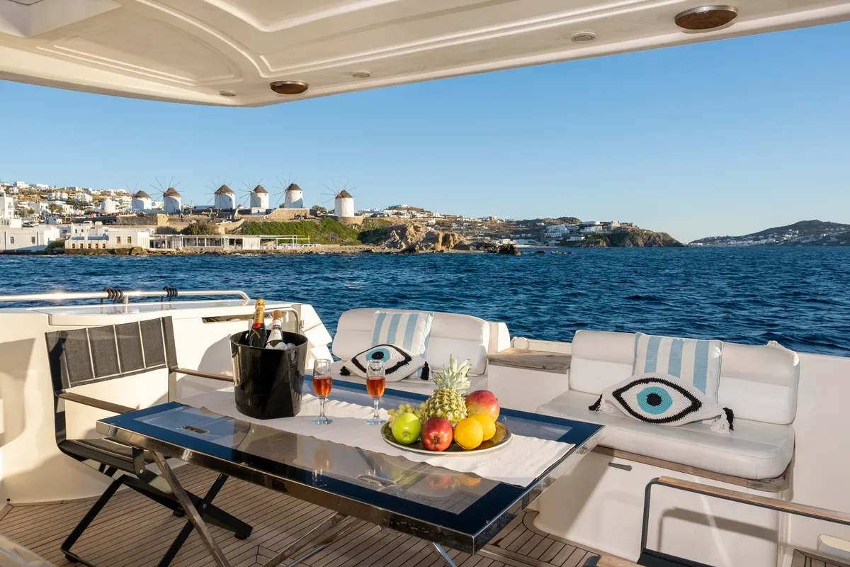 Deck of Arabella, a Ferretti 480 motorboat at Parikia, Greece