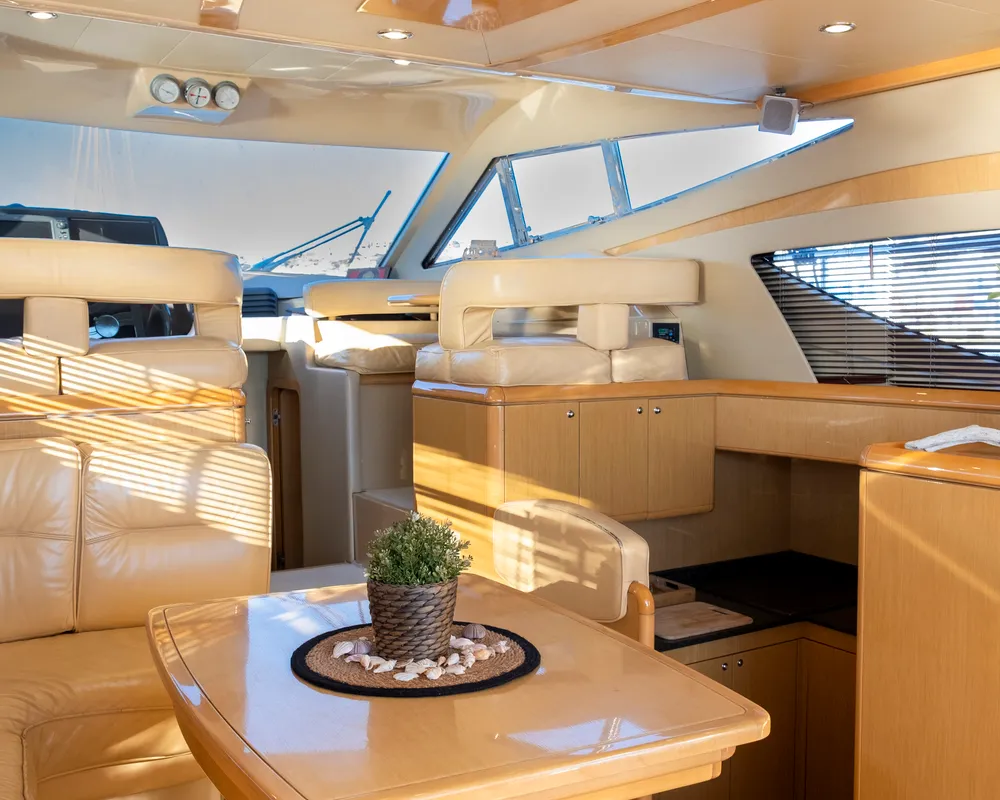 Salon of Arabella, a Ferretti 480 motorboat at Parikia, Greece