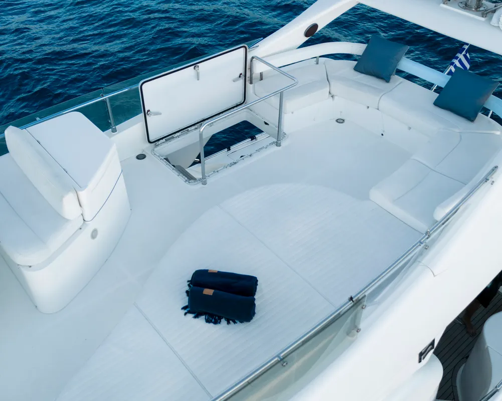 Deck of Arabella, a Ferretti 480 motorboat at Parikia, Greece