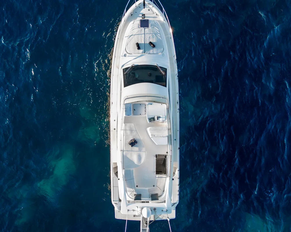 Exterior view of Arabella, a Ferretti 480 motorboat at Parikia, Greece