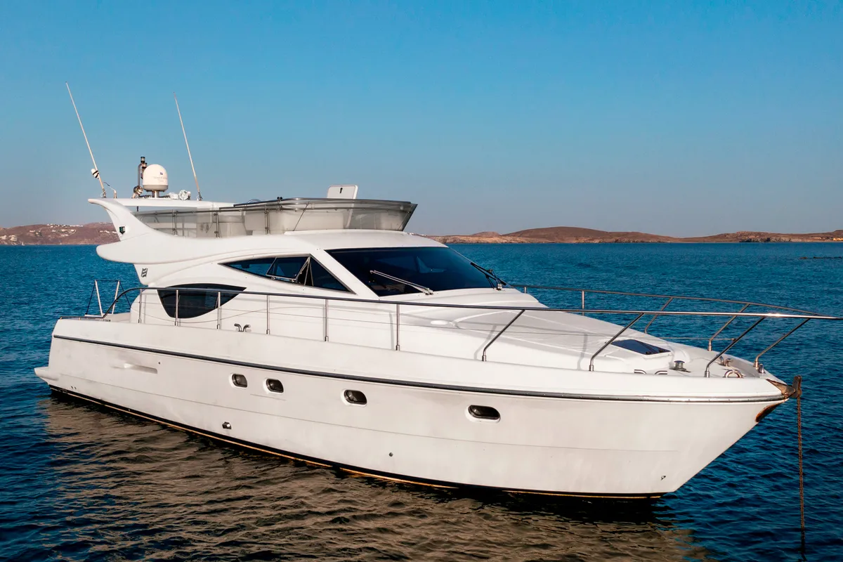 Exterior view of Arabella, a Ferretti 480 motorboat at Parikia, Greece