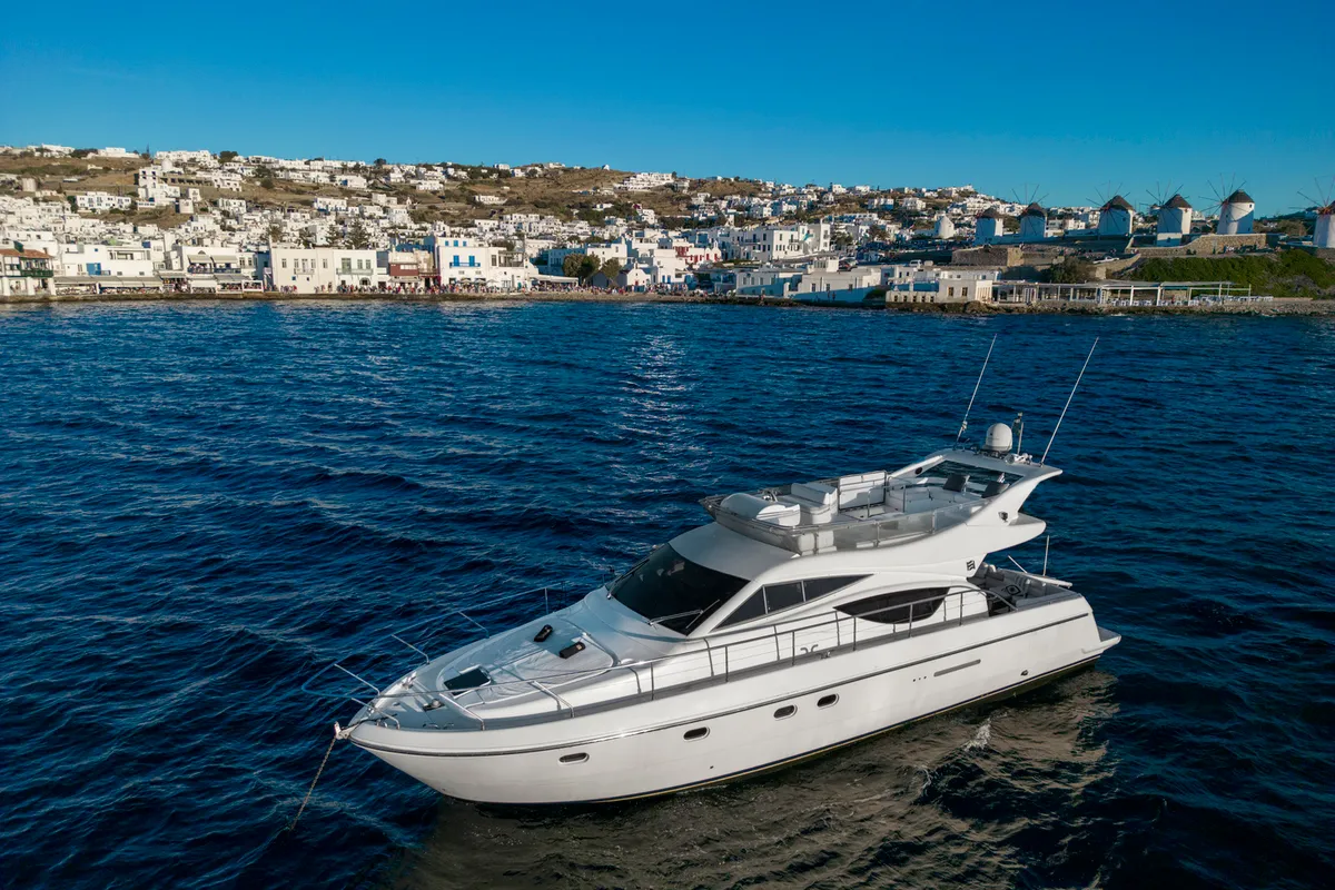 Exterior view of Arabella, a Ferretti 480 motorboat at Parikia, Greece