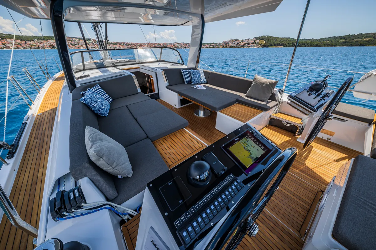 Cockpit of Darling Ow, a Hanse 510 sailboat at Seget Donji, Croatia