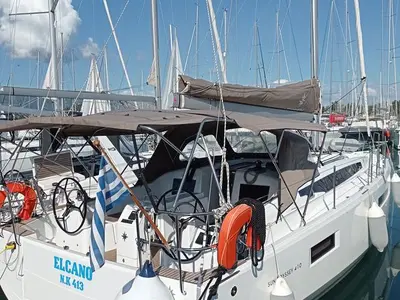 Exterior view of Elcano, a Jeanneau Sun Odyssey 410 sailboat at Municipal Unit of Lefkada, Greece
