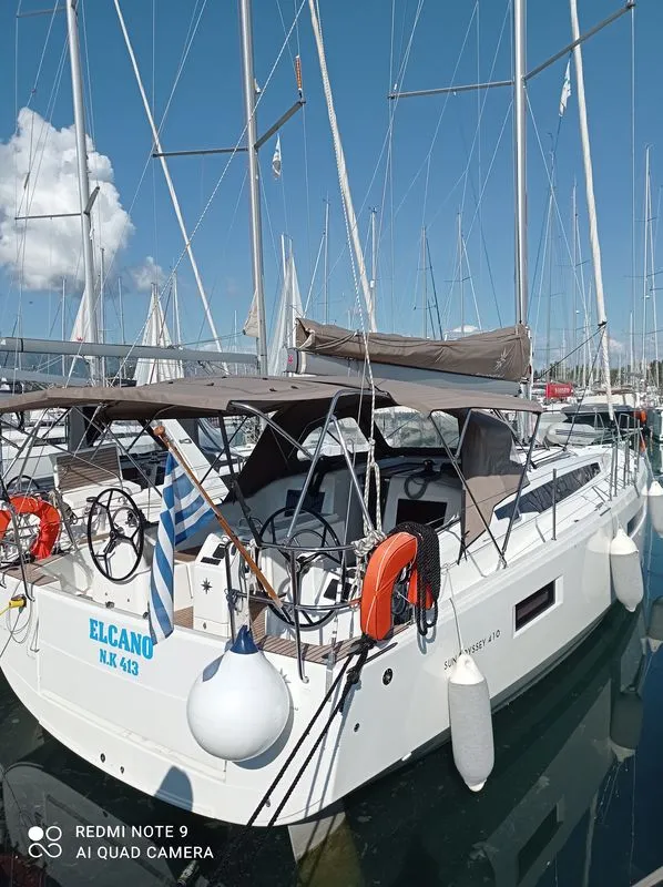 Exterior view of Elcano, a Jeanneau Sun Odyssey 410 sailboat at Municipal Unit of Lefkada, Greece
