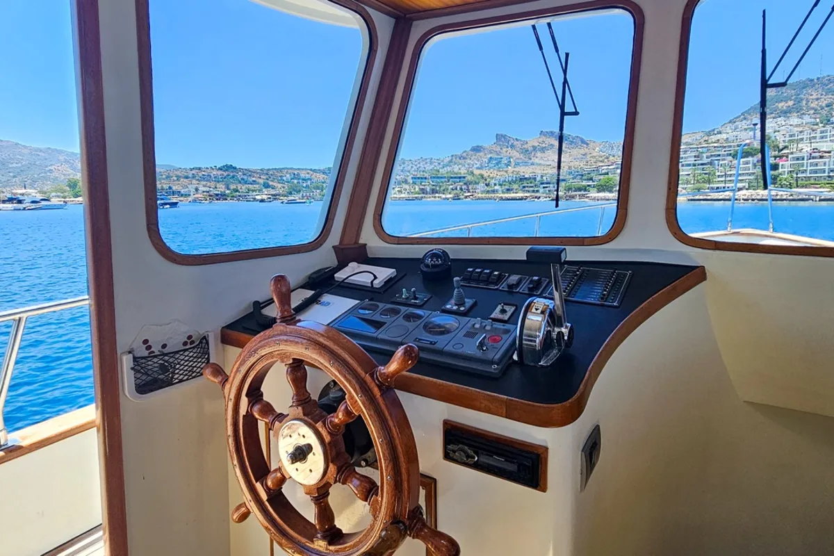 Cockpit of Sevill, a Gulet Custom built 183 motor yacht at Bodrum, Turkey