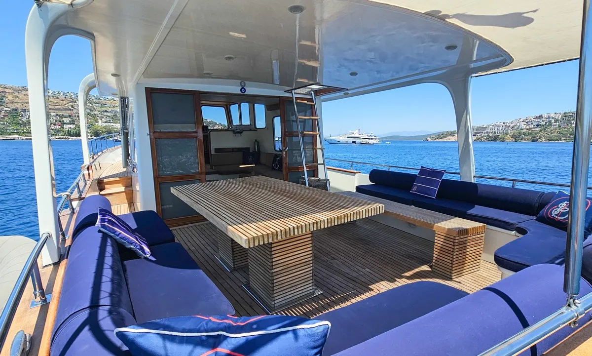 Deck of Sevill, a Gulet Custom built 183 motor yacht at Bodrum, Turkey