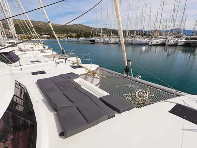 Deck of Ariel, a Fountaine Pajot Astrea 42 catamaran at Grad Trogir, Croatia
