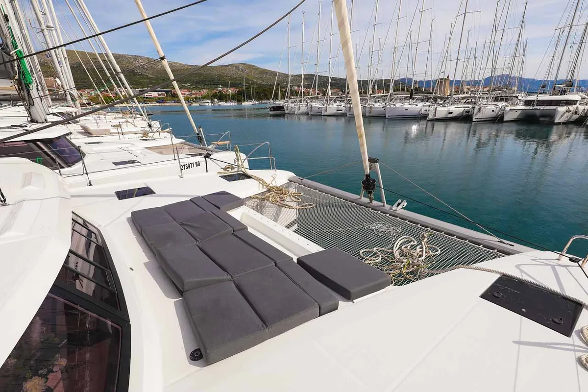 Deck of Ariel, a Fountaine Pajot Astrea 42 catamaran at Grad Trogir, Croatia