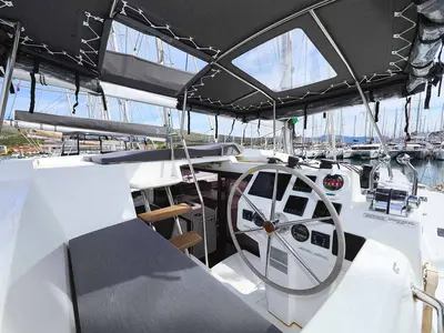 Cockpit of Ariel, a Fountaine Pajot Astrea 42 catamaran at Grad Trogir, Croatia