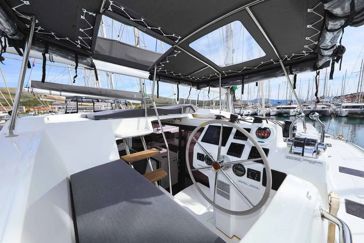 Cockpit of Ariel, a Fountaine Pajot Astrea 42 catamaran at Grad Trogir, Croatia