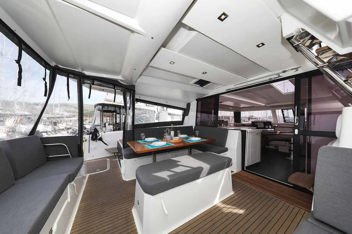 Deck of Ariel, a Fountaine Pajot Astrea 42 catamaran at Grad Trogir, Croatia