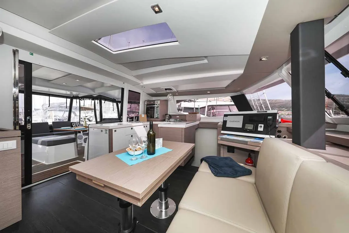Salon of Ariel, a Fountaine Pajot Astrea 42 catamaran at Grad Trogir, Croatia