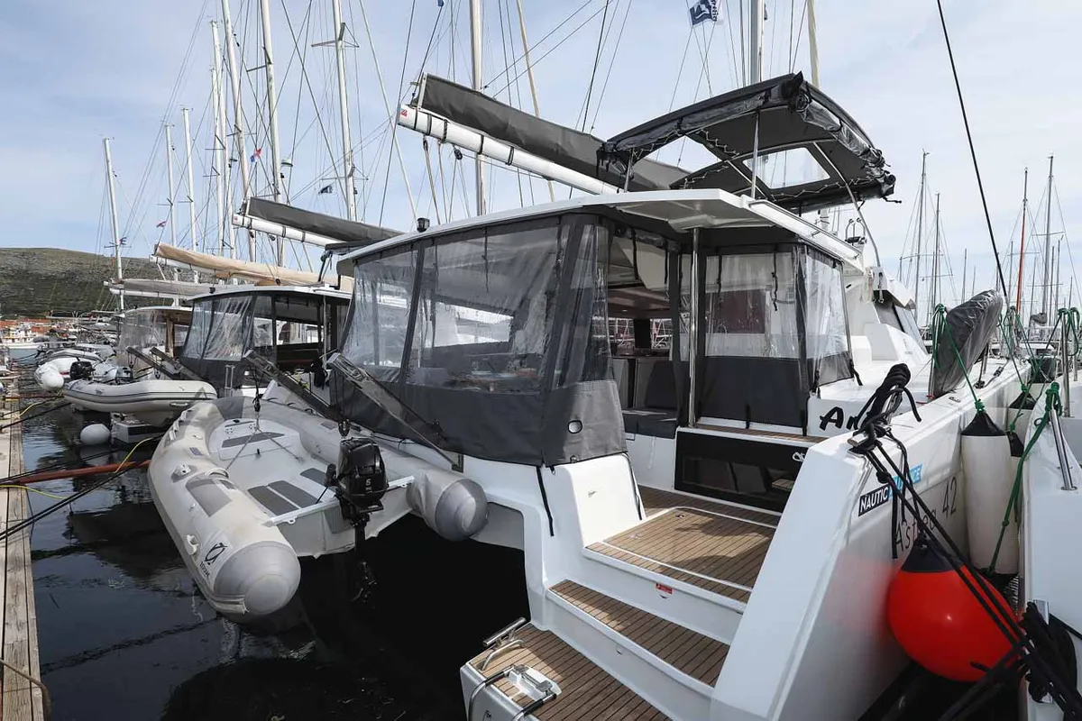 Exterior view of Ariel, a Fountaine Pajot Astrea 42 catamaran at Grad Trogir, Croatia