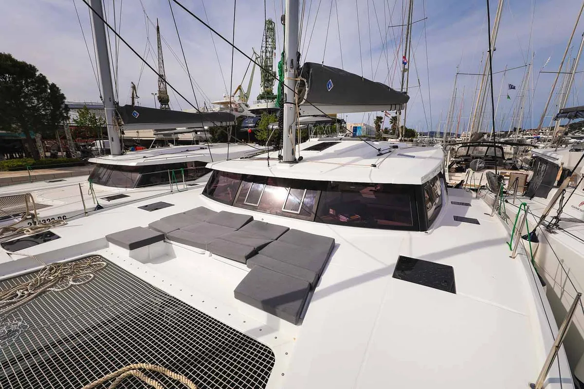Deck of Ariel, a Fountaine Pajot Astrea 42 catamaran at Grad Trogir, Croatia