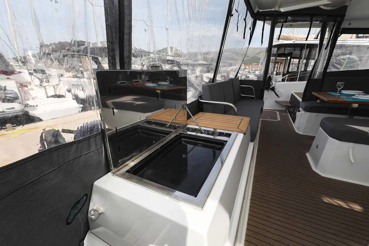 Deck of Ariel, a Fountaine Pajot Astrea 42 catamaran at Grad Trogir, Croatia