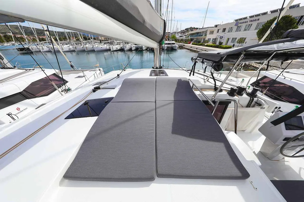Deck of Ariel, a Fountaine Pajot Astrea 42 catamaran at Grad Trogir, Croatia
