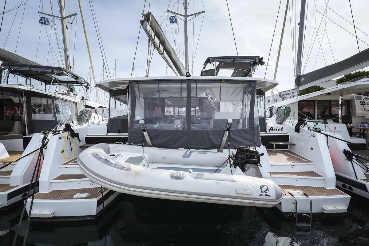 Exterior view of Ariel, a Fountaine Pajot Astrea 42 catamaran at Grad Trogir, Croatia
