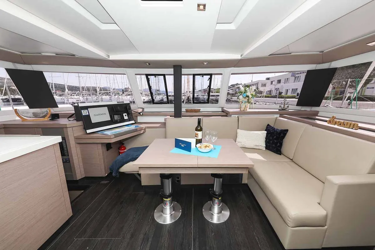 Salon of Ariel, a Fountaine Pajot Astrea 42 catamaran at Grad Trogir, Croatia