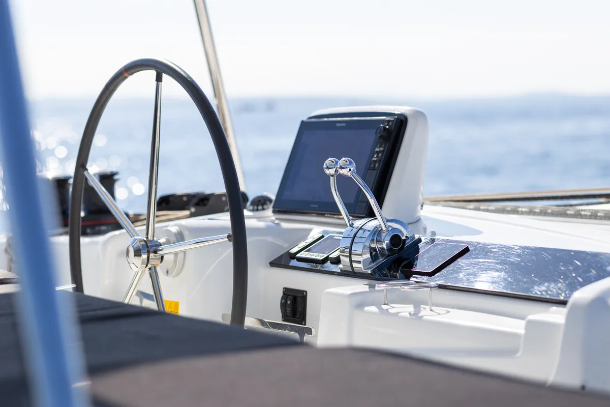 Cockpit of AURA, a Lagoon 46 catamaran at Općina Rogoznica, Croatia