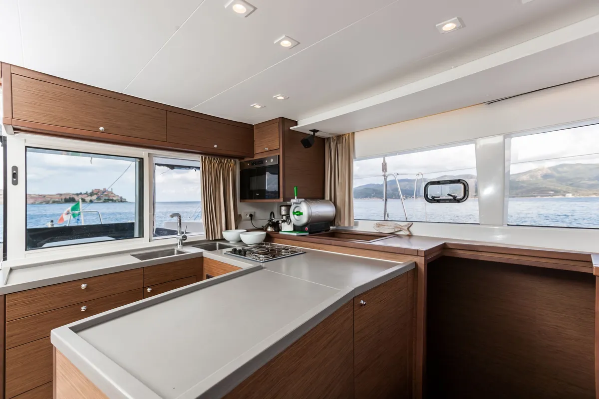 Galley of Harael, a Lagoon 450 Fly catamaran at Figari, Italy