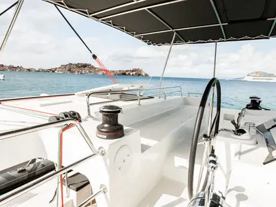 Cockpit of Harael, a Lagoon 450 Fly catamaran at Figari, Italy