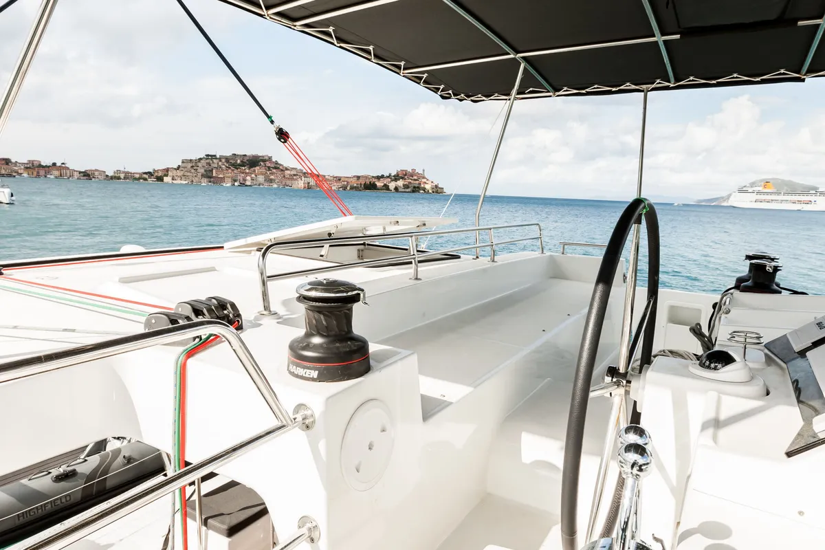 Cockpit of Harael, a Lagoon 450 Fly catamaran at Figari, Italy