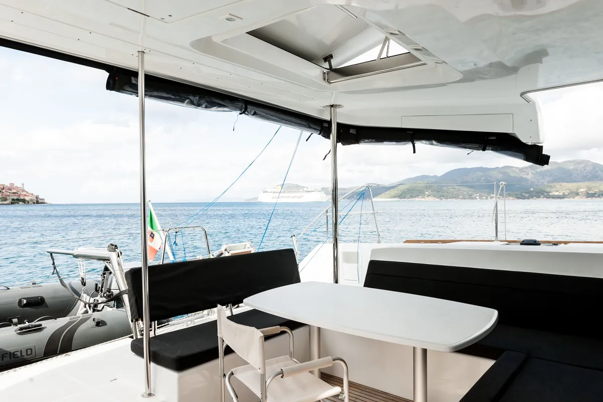 Deck of Harael, a Lagoon 450 Fly catamaran at Figari, Italy