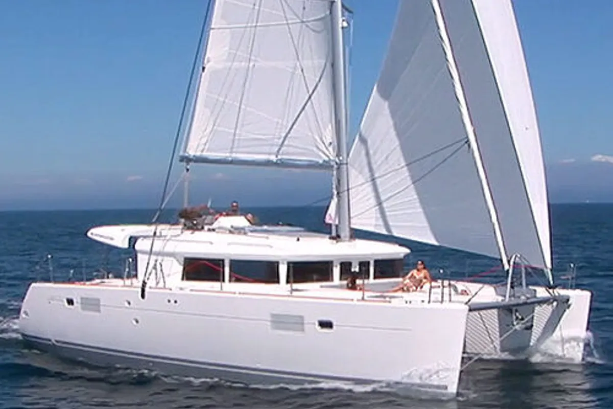 Exterior view of Harael, a Lagoon 450 Fly catamaran at Figari, Italy