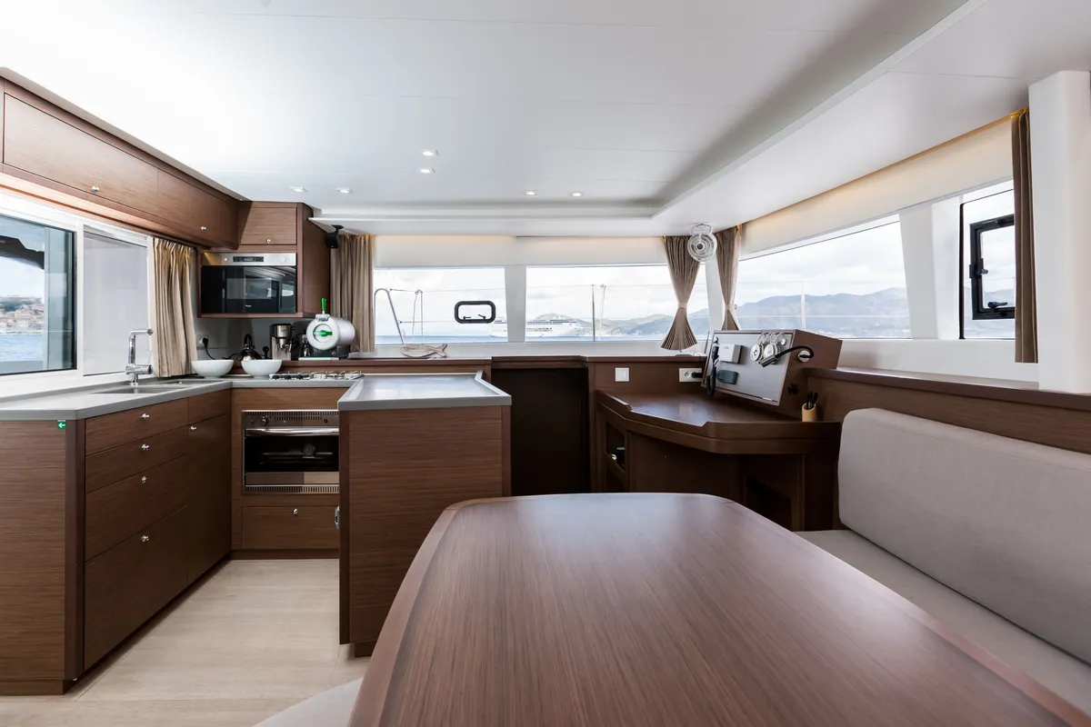 Galley of Harael, a Lagoon 450 Fly catamaran at Figari, Italy