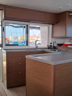 Galley of Harael, a Lagoon 450 Fly catamaran at Figari, Italy