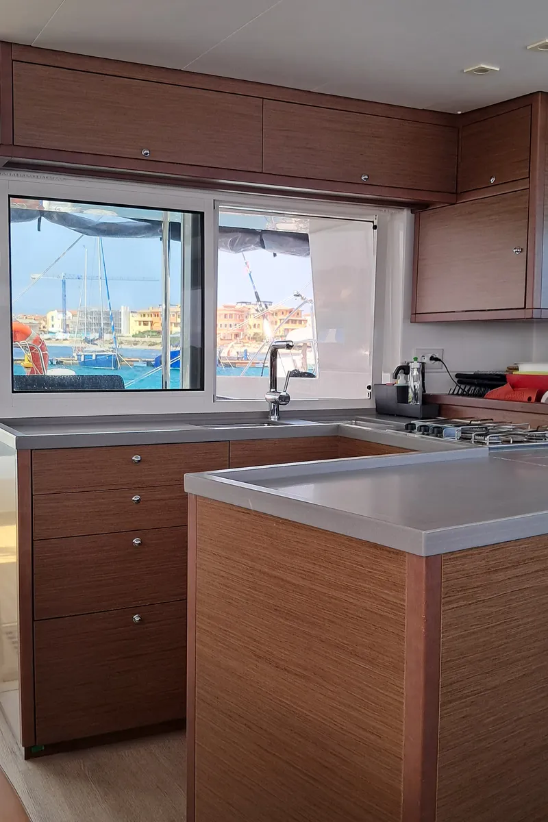 Galley of Harael, a Lagoon 450 Fly catamaran at Figari, Italy
