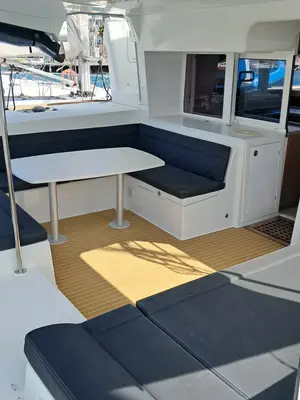 Deck of Harael, a Lagoon 450 Fly catamaran at Figari, Italy