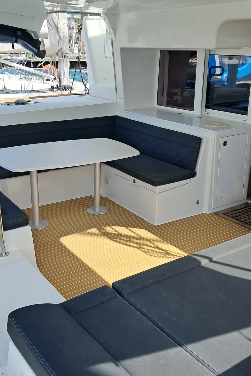 Deck of Harael, a Lagoon 450 Fly catamaran at Figari, Italy