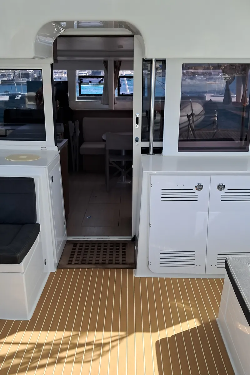 Deck of Harael, a Lagoon 450 Fly catamaran at Figari, Italy