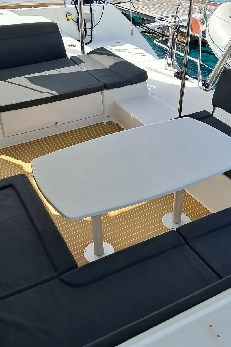 Deck of Harael, a Lagoon 450 Fly catamaran at Figari, Italy